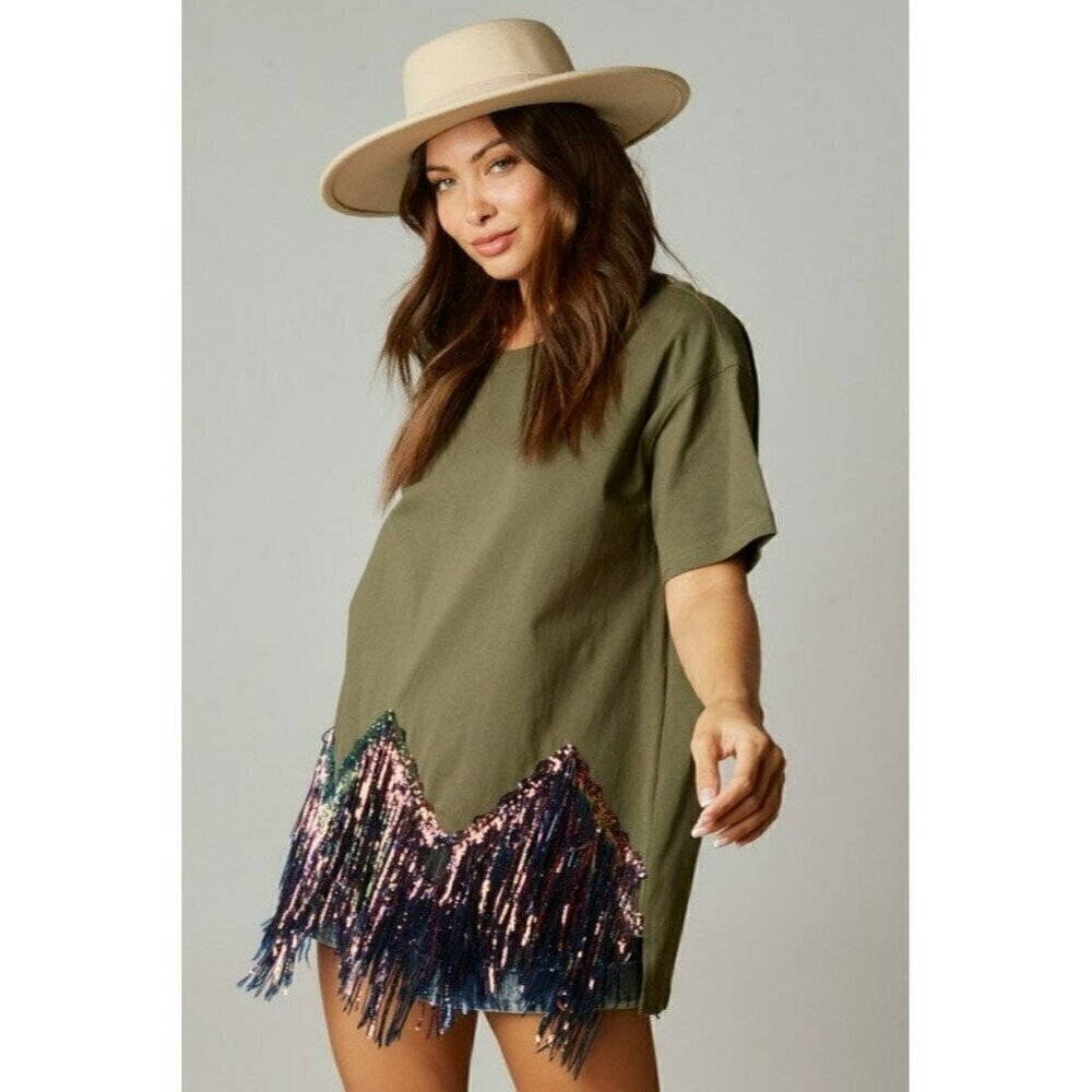 Here for the Fringe Chevron Sequin Top in Olive - Picture 3 of 8